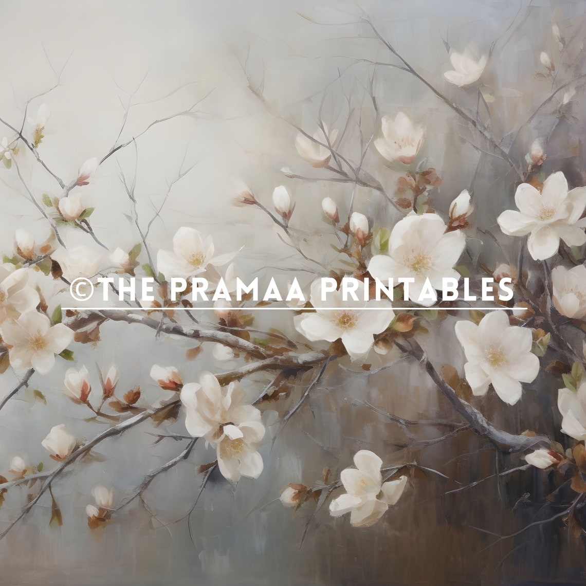 White Cherry Blossom Branch Delicate Spring Floral Painting Poster - Image 2