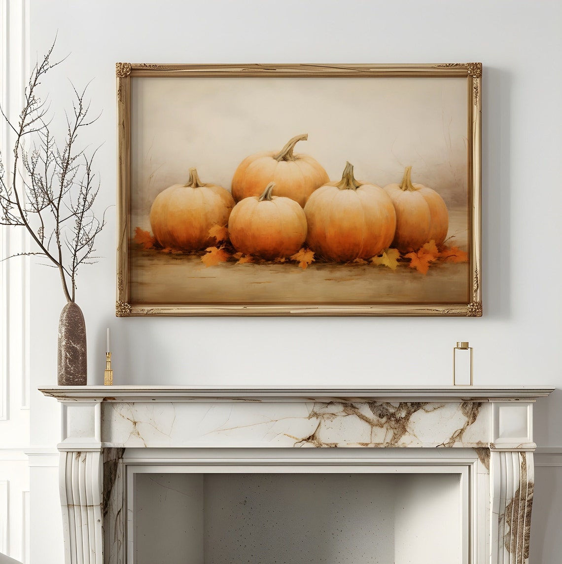 Six Pumpkins with Fall Leaves Rustic Harvest Still Life Poster - Image 2
