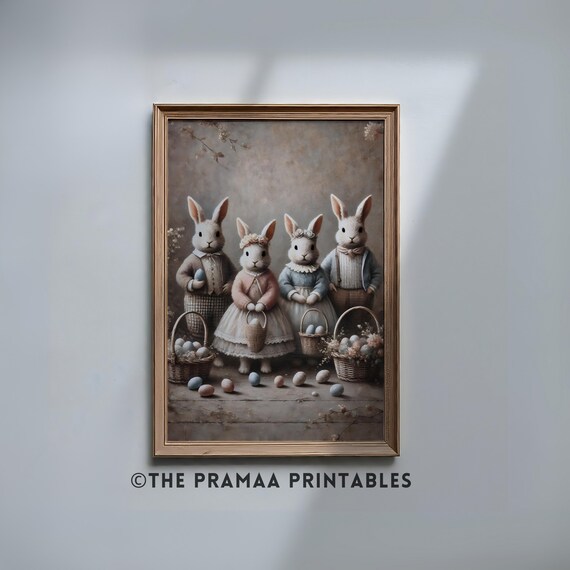 Bunny Family in Vintage Clothes Easter Eggs Spring Rabbit Poster