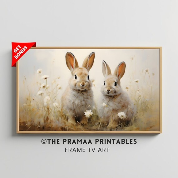 Two Bunnies in Spring Meadow Vintage Rabbit Oil Painting Poster