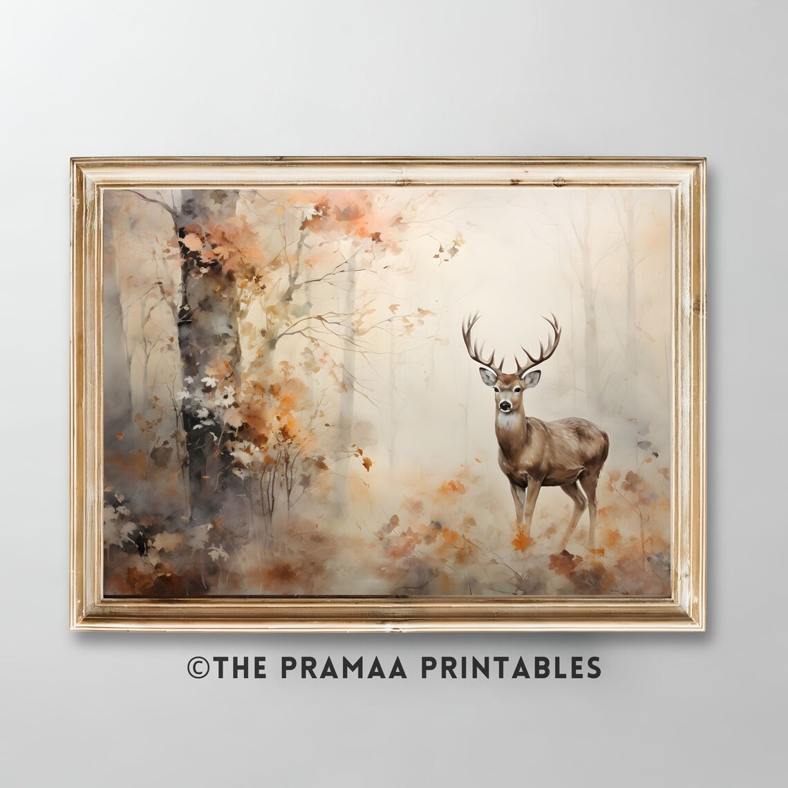 Buck Deer in Misty Autumn Forest Vintage Wildlife Painting Poster