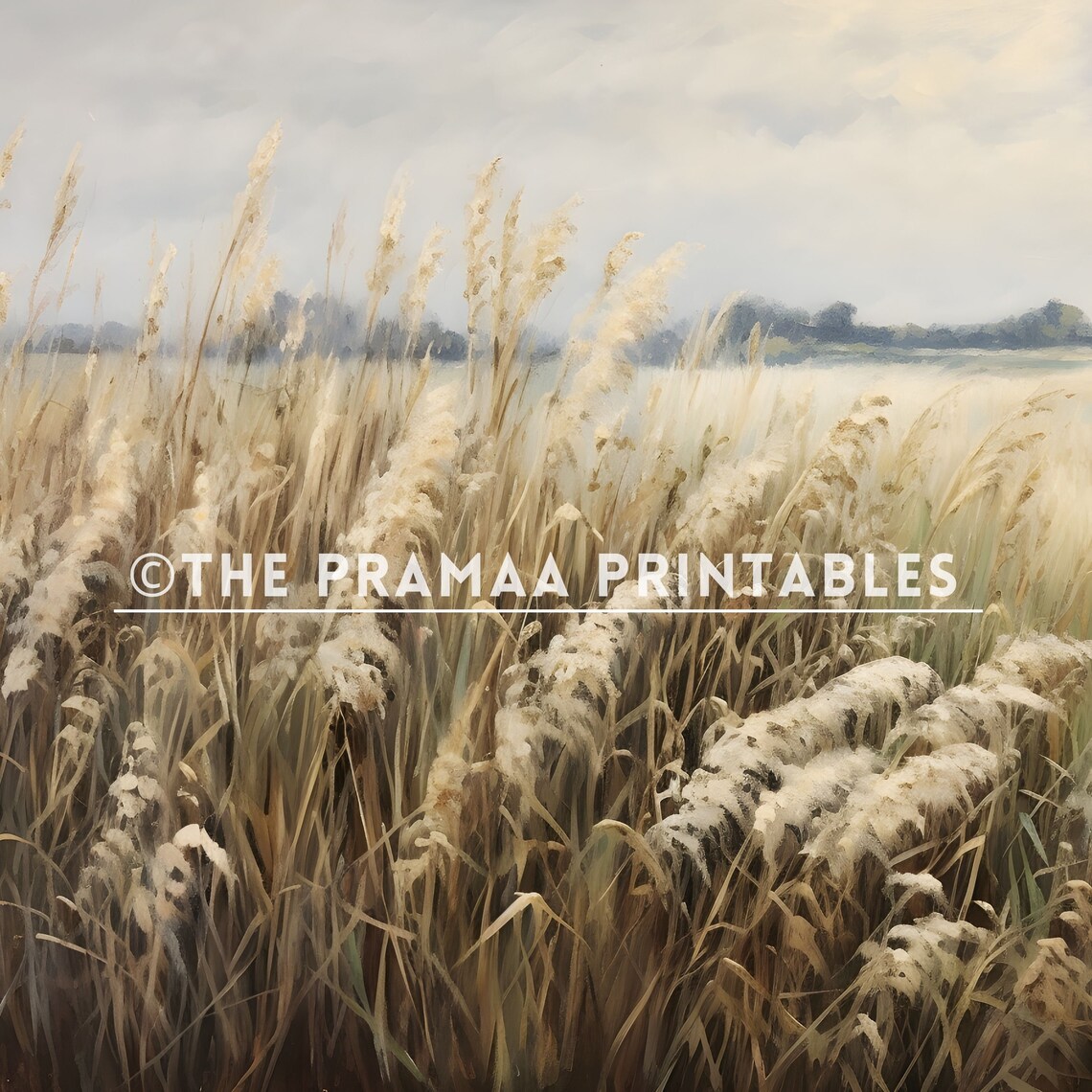 Tall Wild Grasses in Wind Neutral Vintage Meadow Painting Poster - Image 2