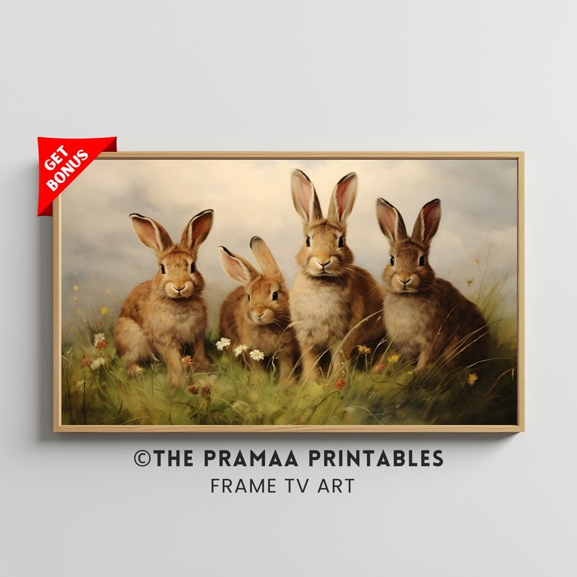 Four Vintage Rabbits Meadow Scene Classic Animal Painting Wall Art