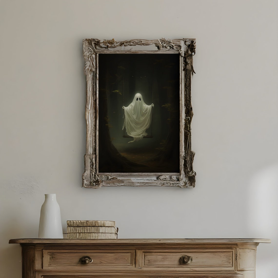 Ghost on Swing in Dark Forest Spooky Cute Halloween Painting Poster - Image 3