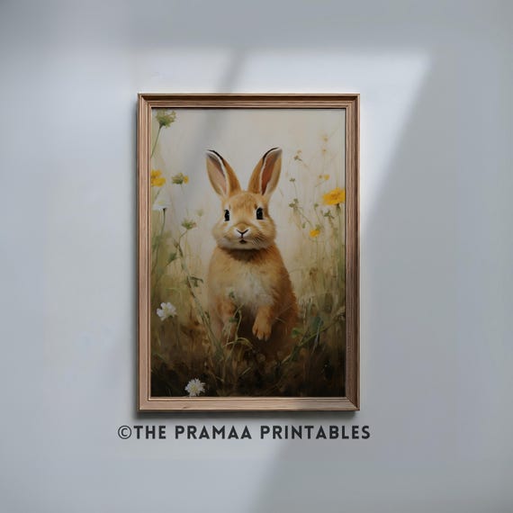 Spring Bunny Painting Easter Wall Art Cute Rabbit Artwork Woodland Animal Nursery Art Print Floral Easter Wall Decor Ew05