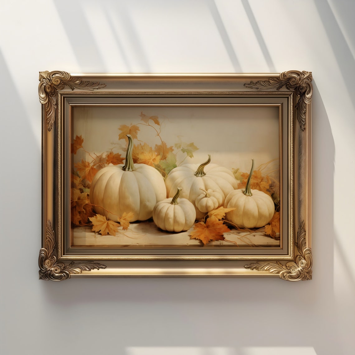 White Pumpkins with Autumn Leaves Rustic Fall Still Life Poster - Image 2