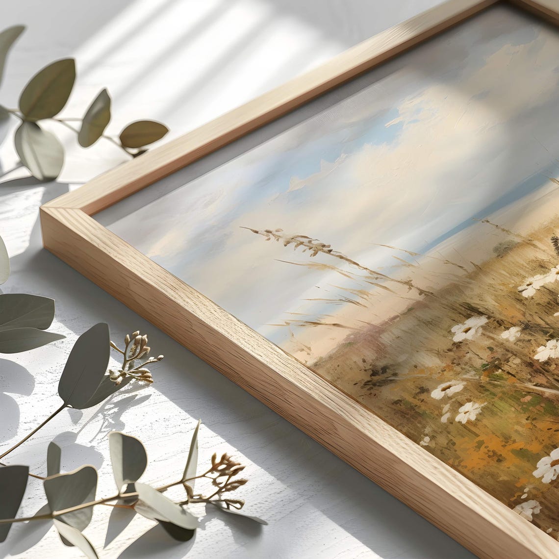 White Daisy Wildflower Meadow Pastel Sunset Sky Vintage Wall Art - Image 2