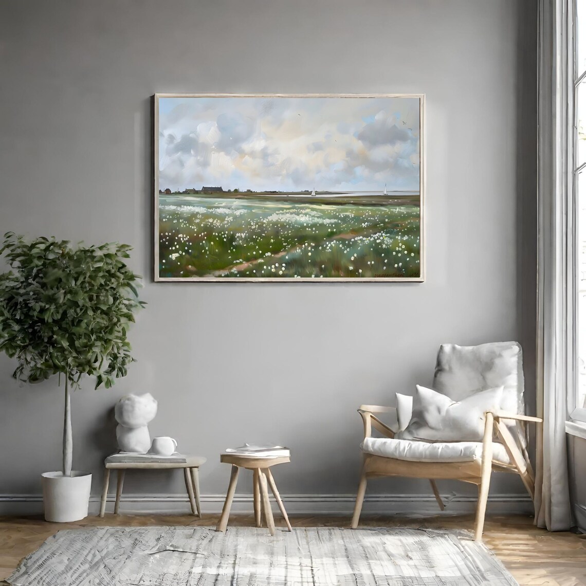 White Wildflowers by the Marsh with Barns and Sailboats Painting Poster - Image 3