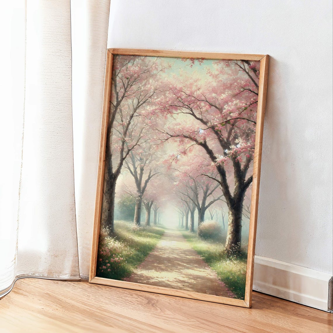 Cherry Blossom Tree Path Misty Vintage Spring Landscape Poster - Image 3