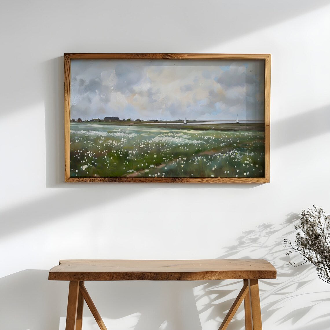White Wildflowers by the Marsh with Barns and Sailboats Painting Poster - Image 2