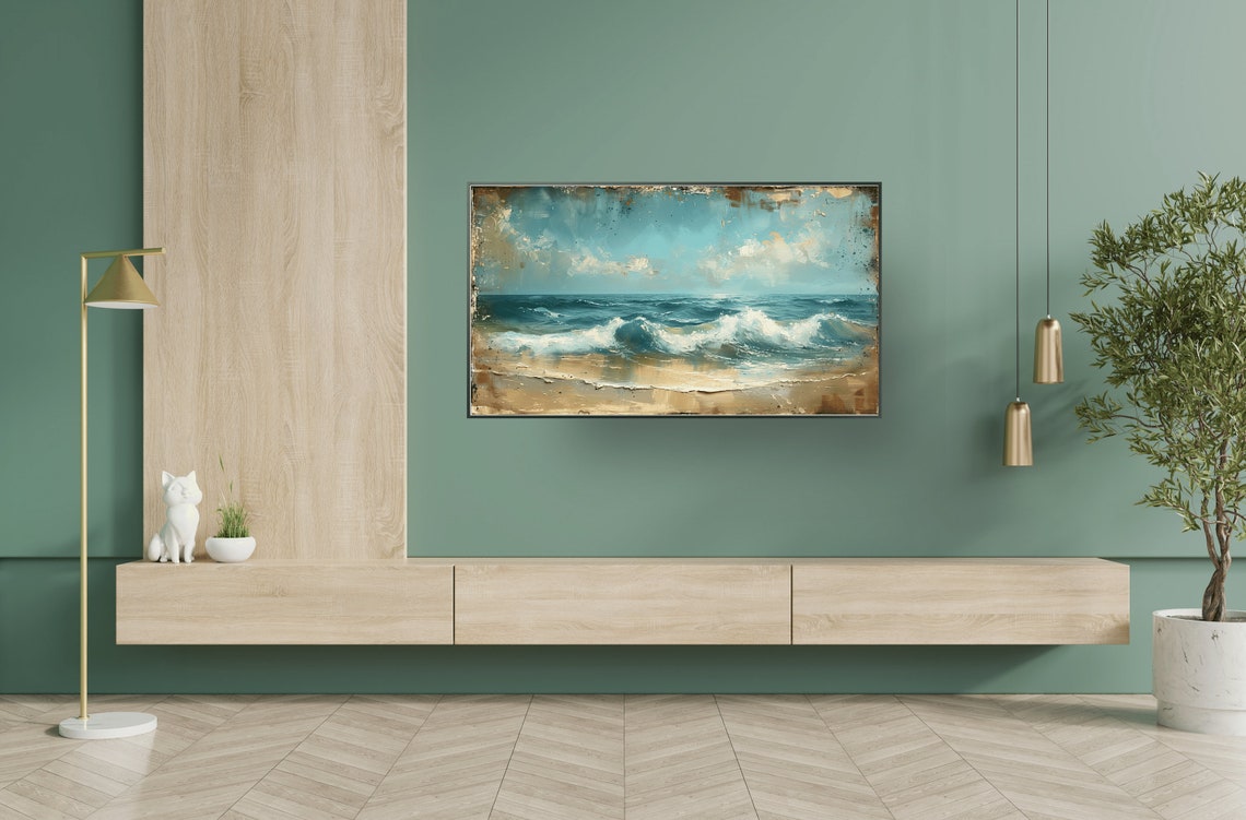 Vintage Distressed Ocean Waves Beach Painting Print Coastal Decor - Image 2