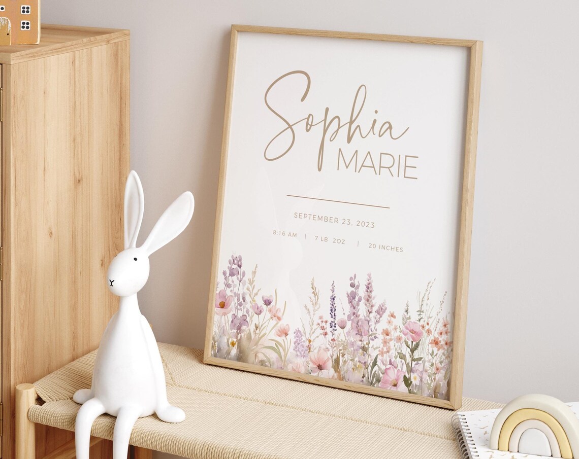 Custom Baby Name Birth Announcement Wildflower Nursery Print