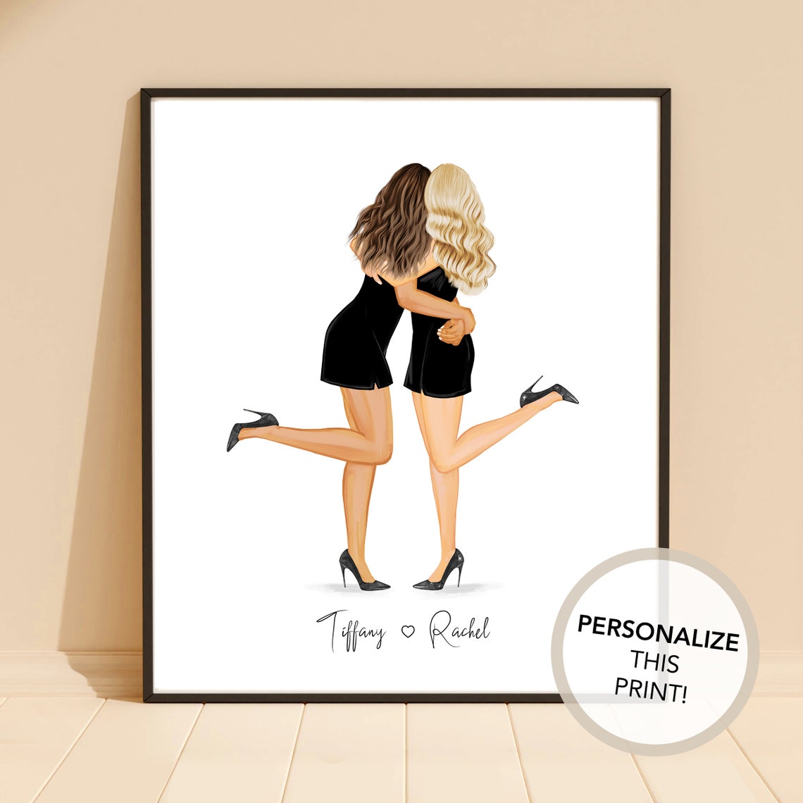 Two Best Friends Hugging in Black Dresses Custom Portrait Poster