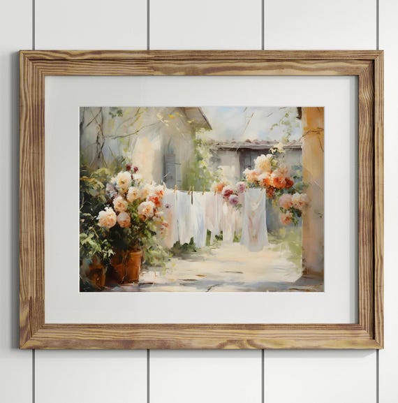 Laundry On A Line Matte Horizontal Posters Laundry Room Art Vintage Cottagecore Garden Painting Print Farmhouse Wall Decor Country Art Print