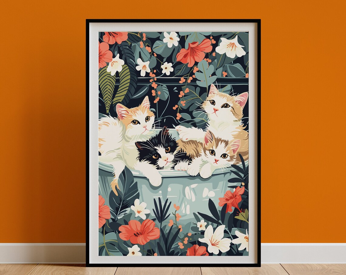 Four Kittens Bathing Together in Floral Jungle Bathtub Poster