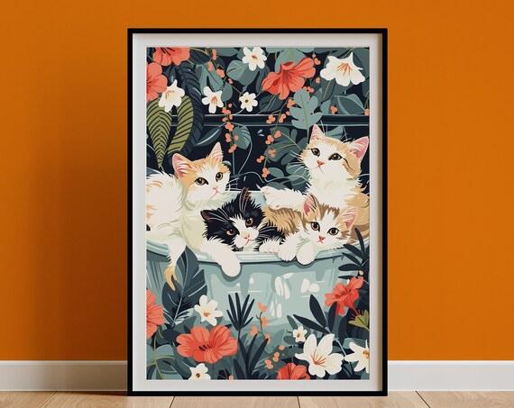 Four Kittens Bathing Together in Floral Jungle Bathtub Poster