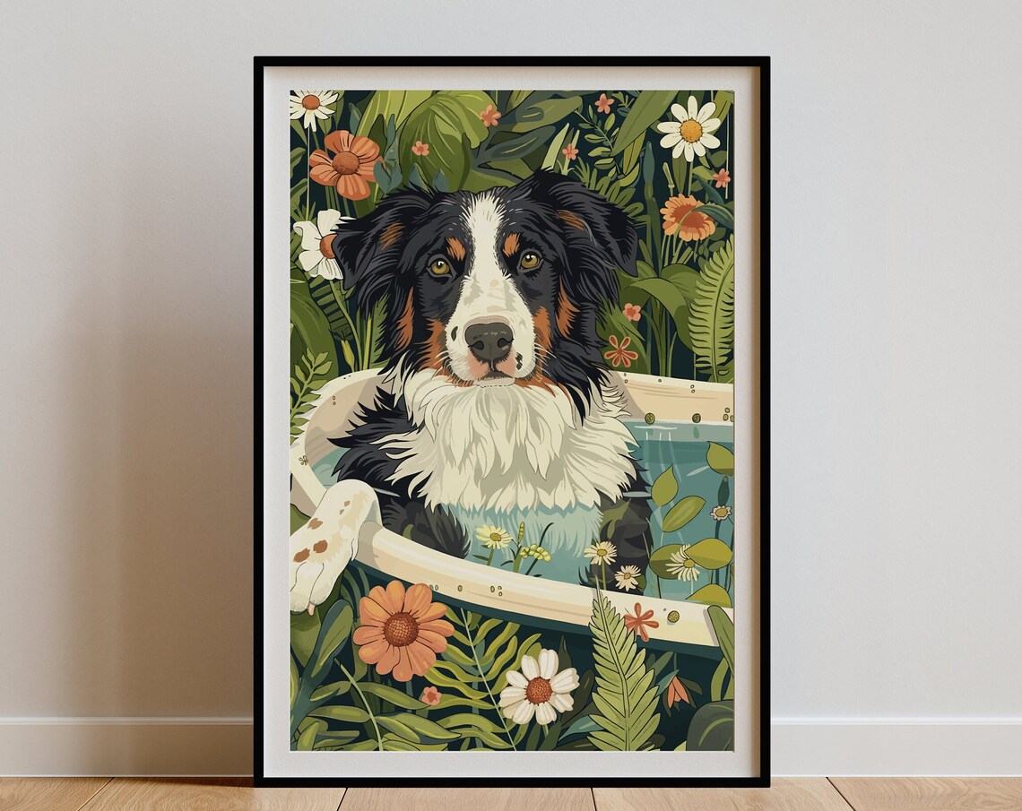 Black Tri Australian Shepherd Maximalist Botanical Art Print