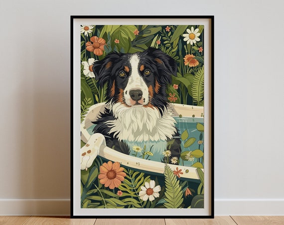 Black Tri Australian Shepherd Maximalist Botanical Art Print