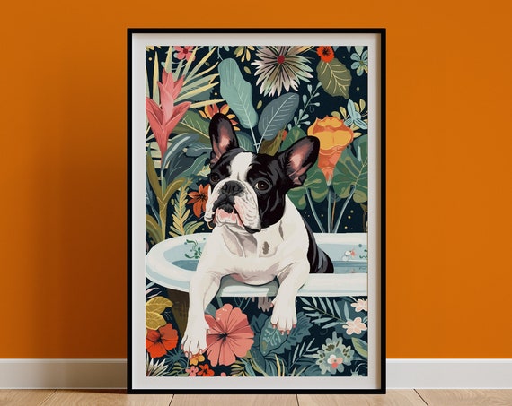 French Bulldog Wall Art, Boho Jungle Botanical Print
