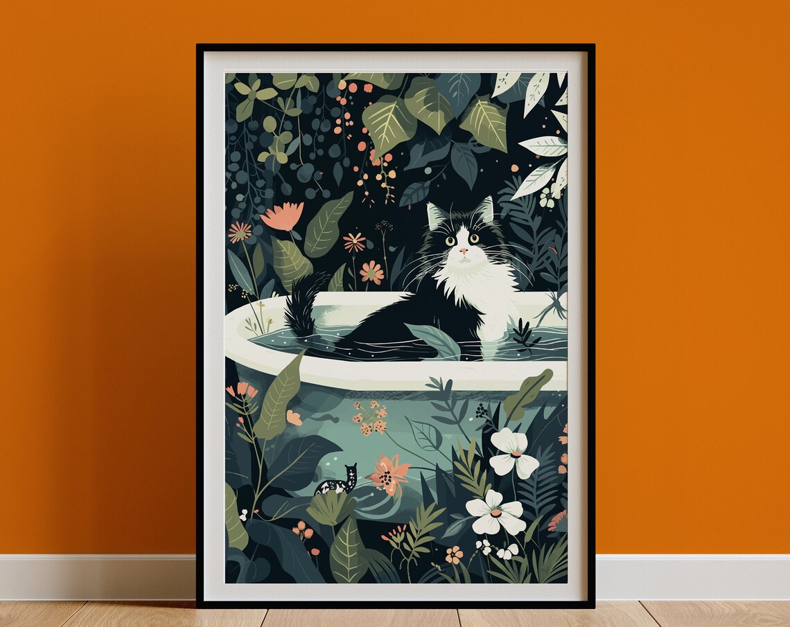 Black and White Cat in Bathtub Dark Tropical Jungle Art Poster - Image 3