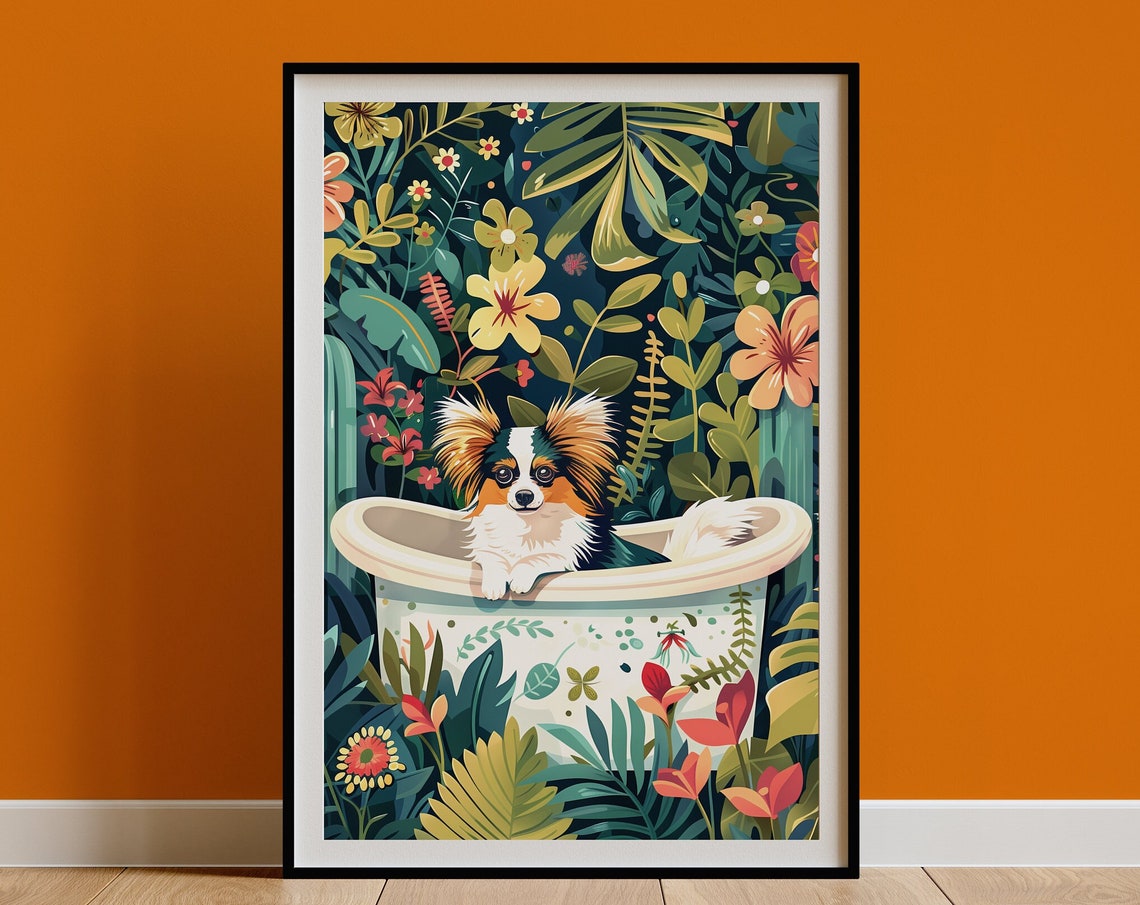 Papillon Dog White Bathtub Tropical Jungle Poster Bathroom Decor