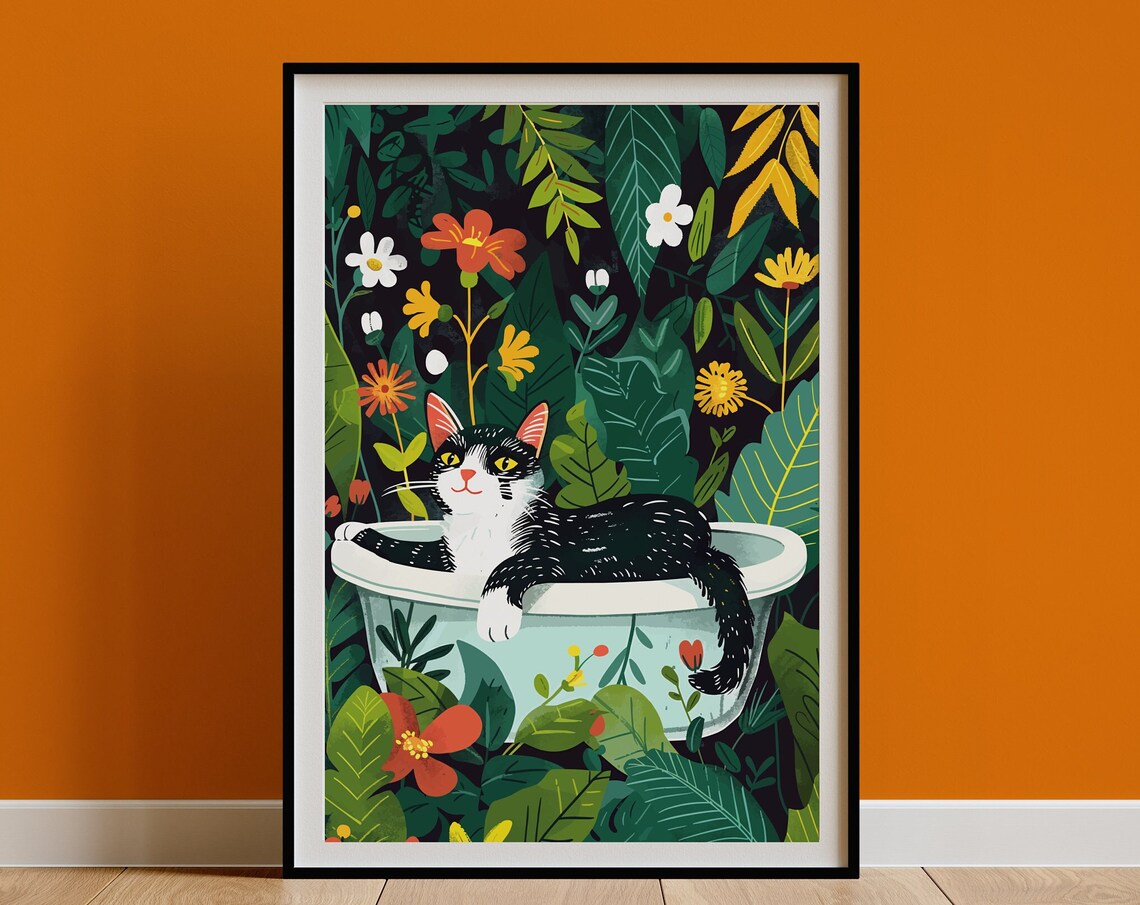 Sprawling Tuxedo Cat in Bathtub Amid Bold Jungle Flowers Poster - Image 2