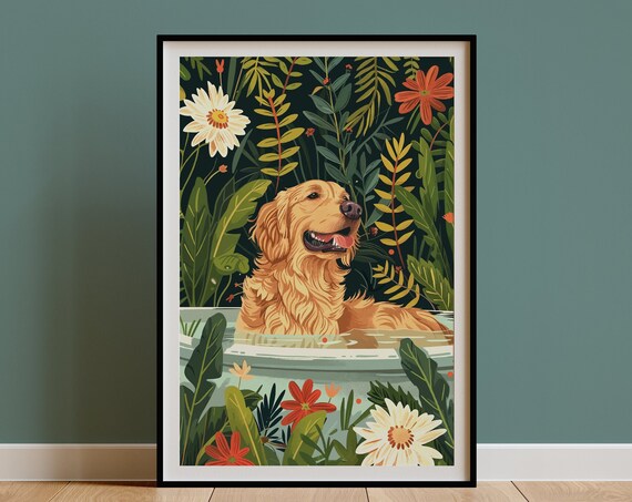 Golden Retriever Boho Jungle Bathtub Art Print