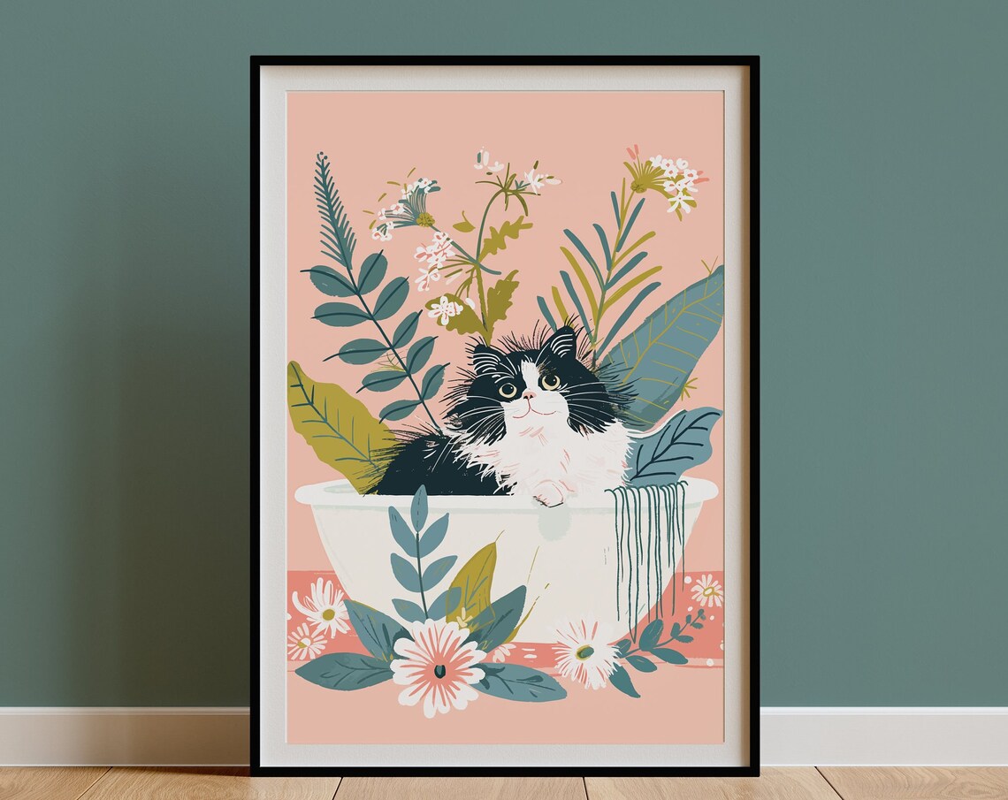 Fluffy Tuxedo Cat Sitting in Bathtub Blush Pink Floral Decor Poster - Image 3