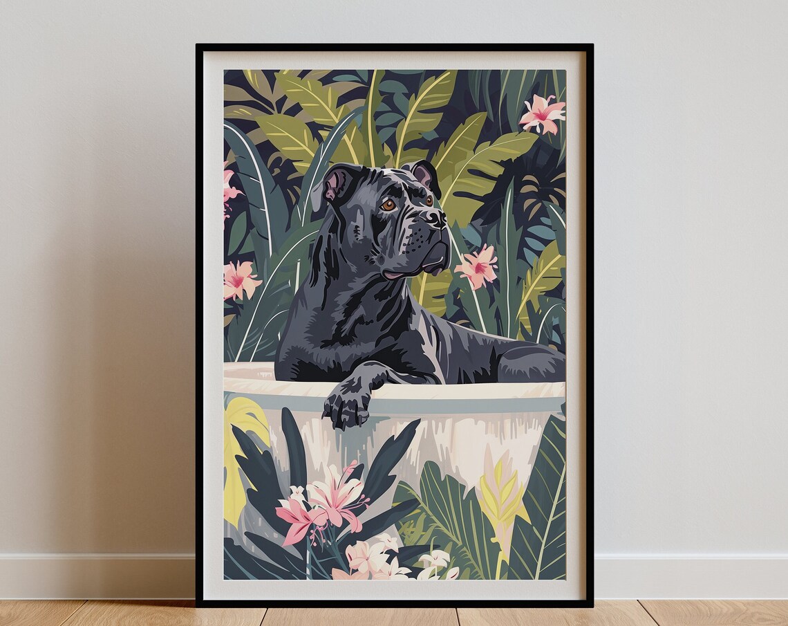 Black Cane Corso in Bathtub Dark Jungle Floral Dog Wall Poster