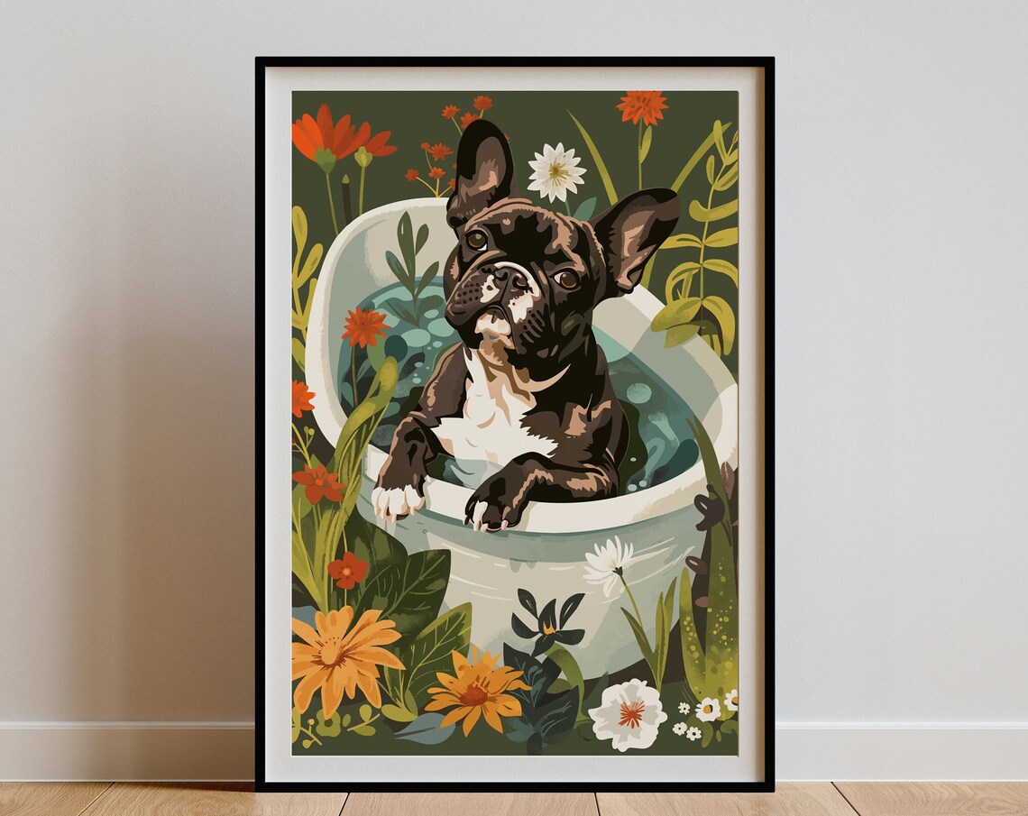 Brindle French Bulldog Bathtub Floral Dark Botanical Dog Poster