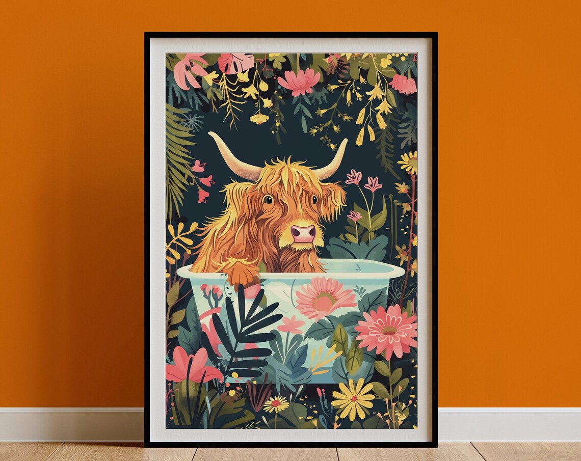 Highland Cow Art Print, Boho Jungle Bathroom Decor