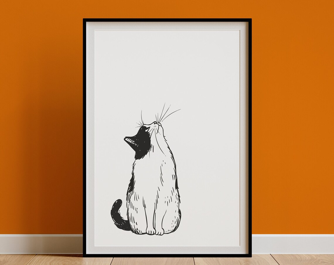 Black and White Cat Looking Up Sitting Ink Illustration Minimal Cat Poster - Image 3