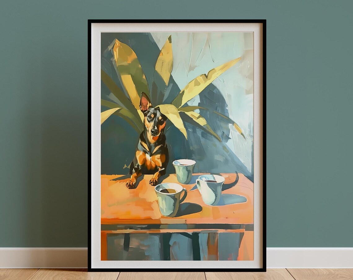 Miniature Pinscher and Teacups Painterly Still Life Dog Poster