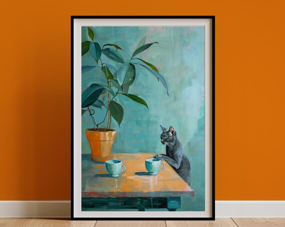 Grey Cat Reaching for Teacups Impressionist Table Art Poster