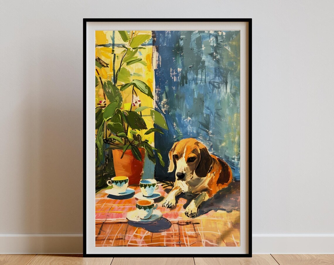 Vintage Beagle Coffee Illustration, Retro Kitchen Poster