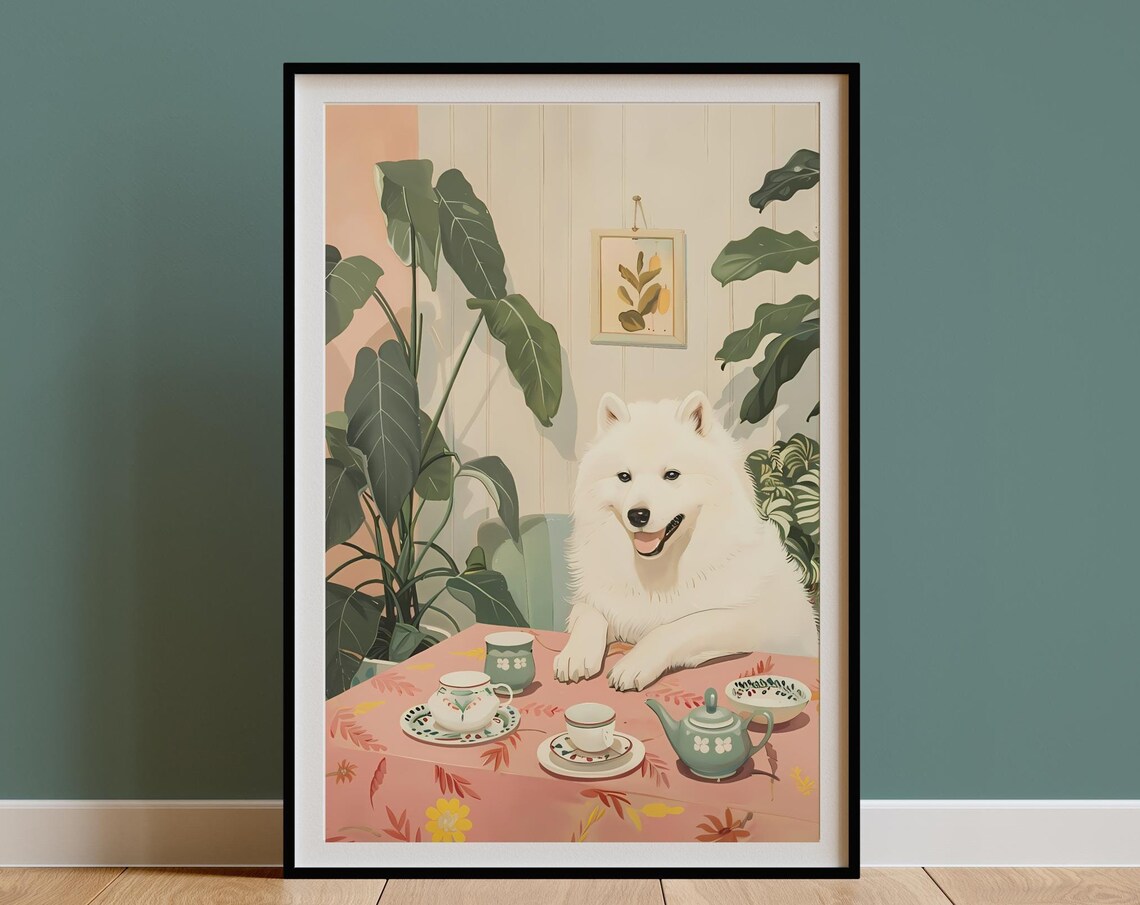 Retro Samoyed Dog Coffee Illustration, Vintage Kitchen Poster