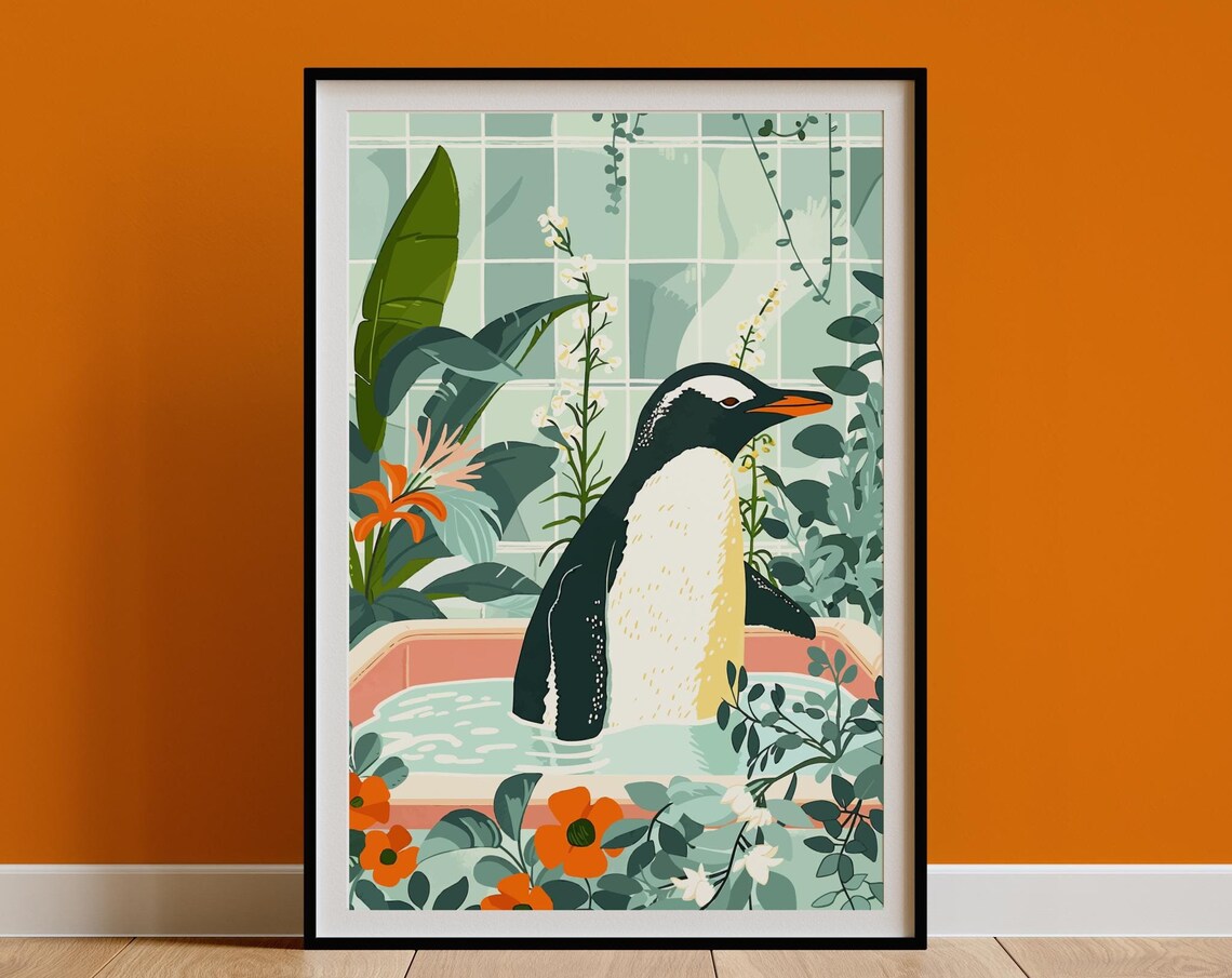 Penguin Bathtub Bathroom Tile Botanical Tropical Bird Poster