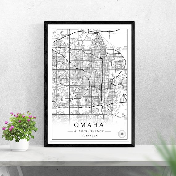 Omaha City Map Black And White Art Print
