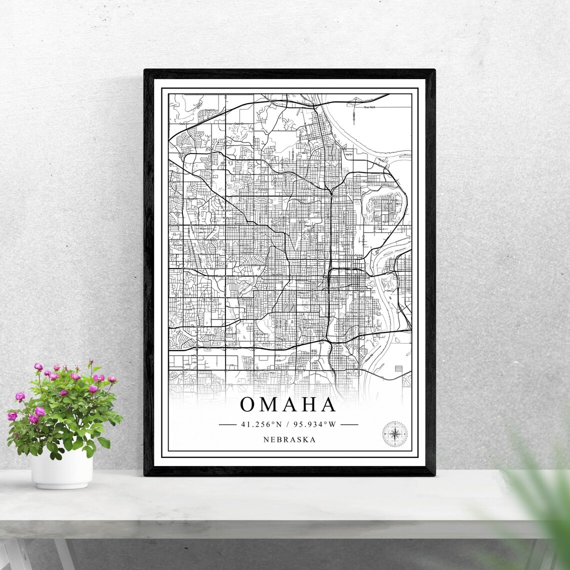 Omaha City Map Black And White Art Print