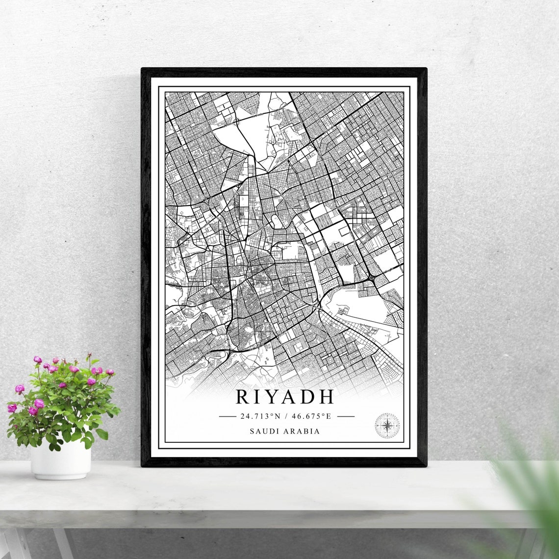 Riyadh Saudi Arabia Minimalist Black and White City Map Wall Art