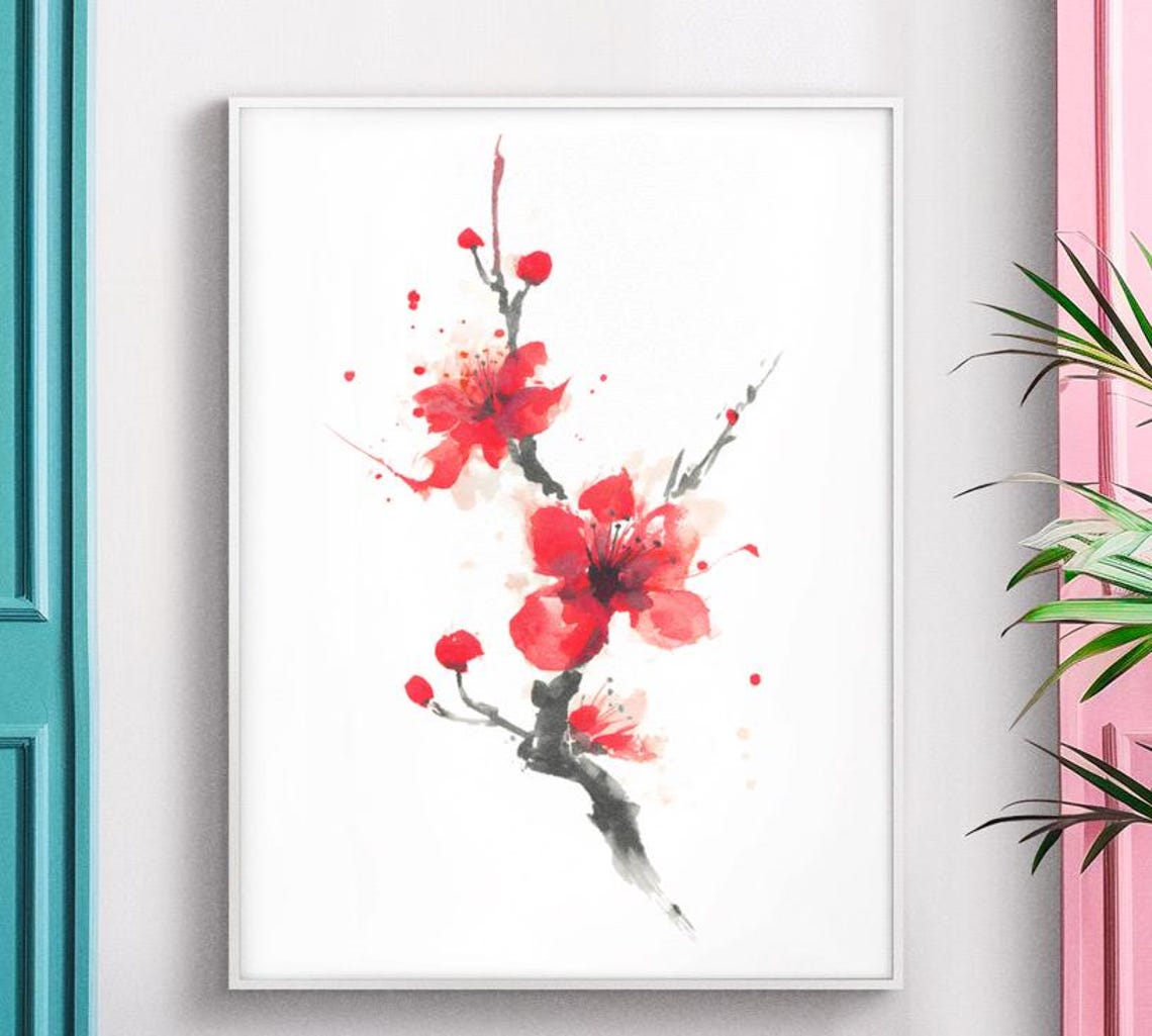 Japanese Cherry Blossom Ink Painting Minimal Zen Wall Art