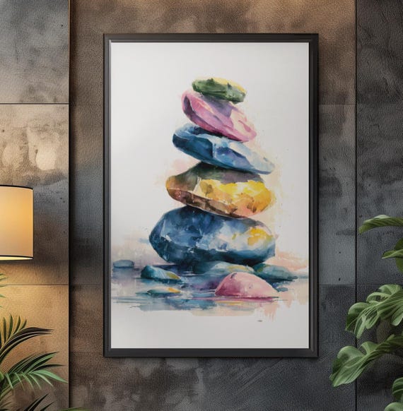 Zen Stones Watercolor Calm Relaxation Wall Art Minimalist