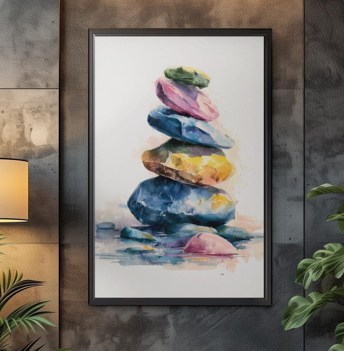 Zen Balancing Stones Watercolor Poster with Calm Colorful Rock Stack