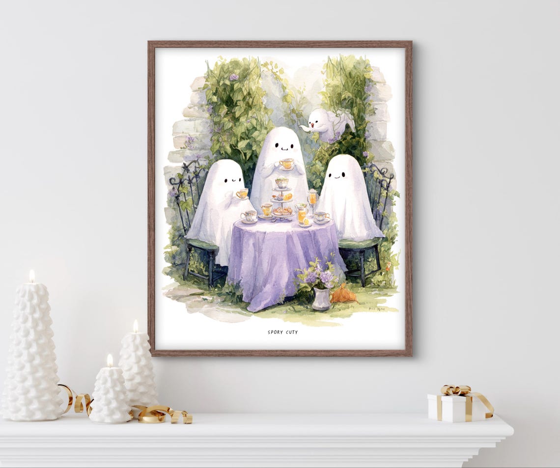 Cute Ghosts Garden Tea Party Spooky Halloween Watercolor Poster