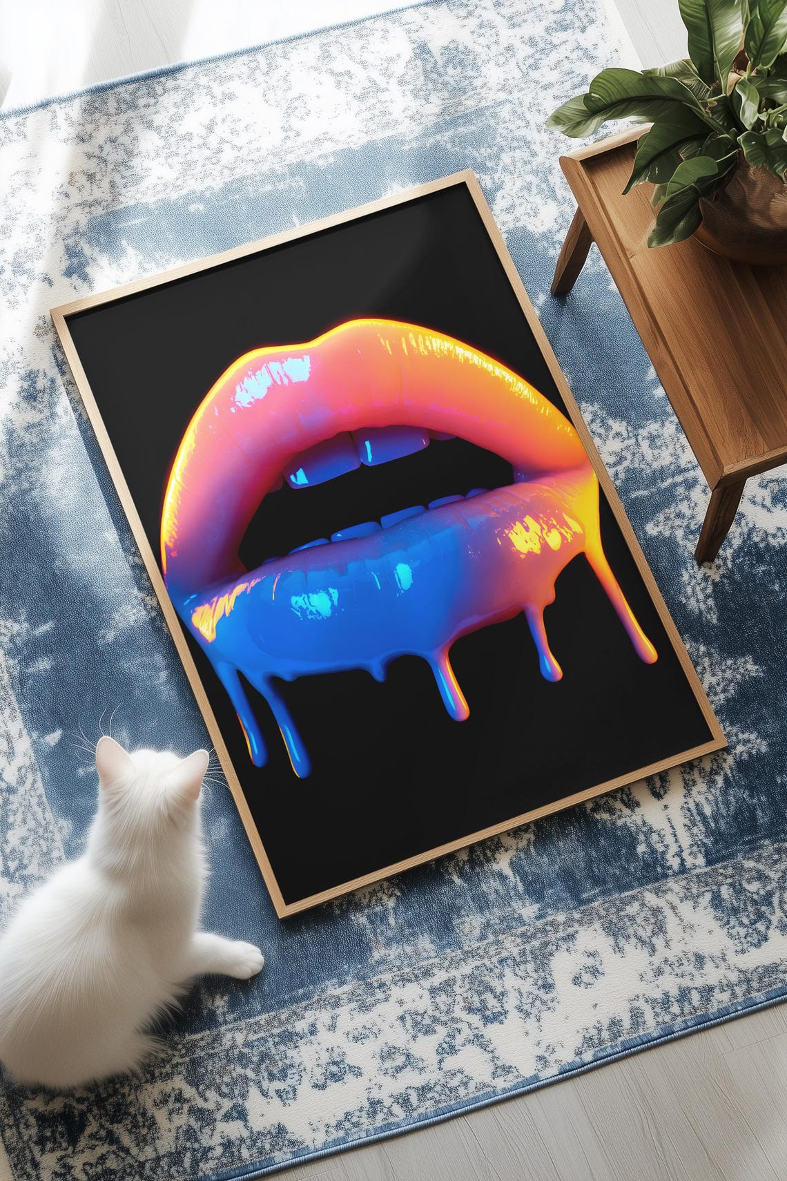 Neon Lips Poster of Glossy Dripping Gradient Paint on Black Background