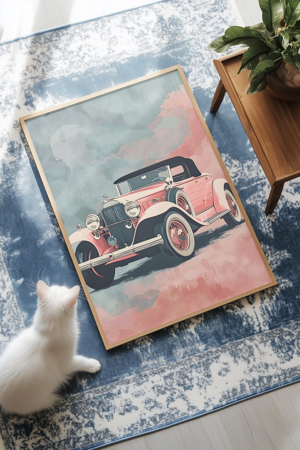 Pink Vintage 1930s Classic Convertible Car Illustration Poster