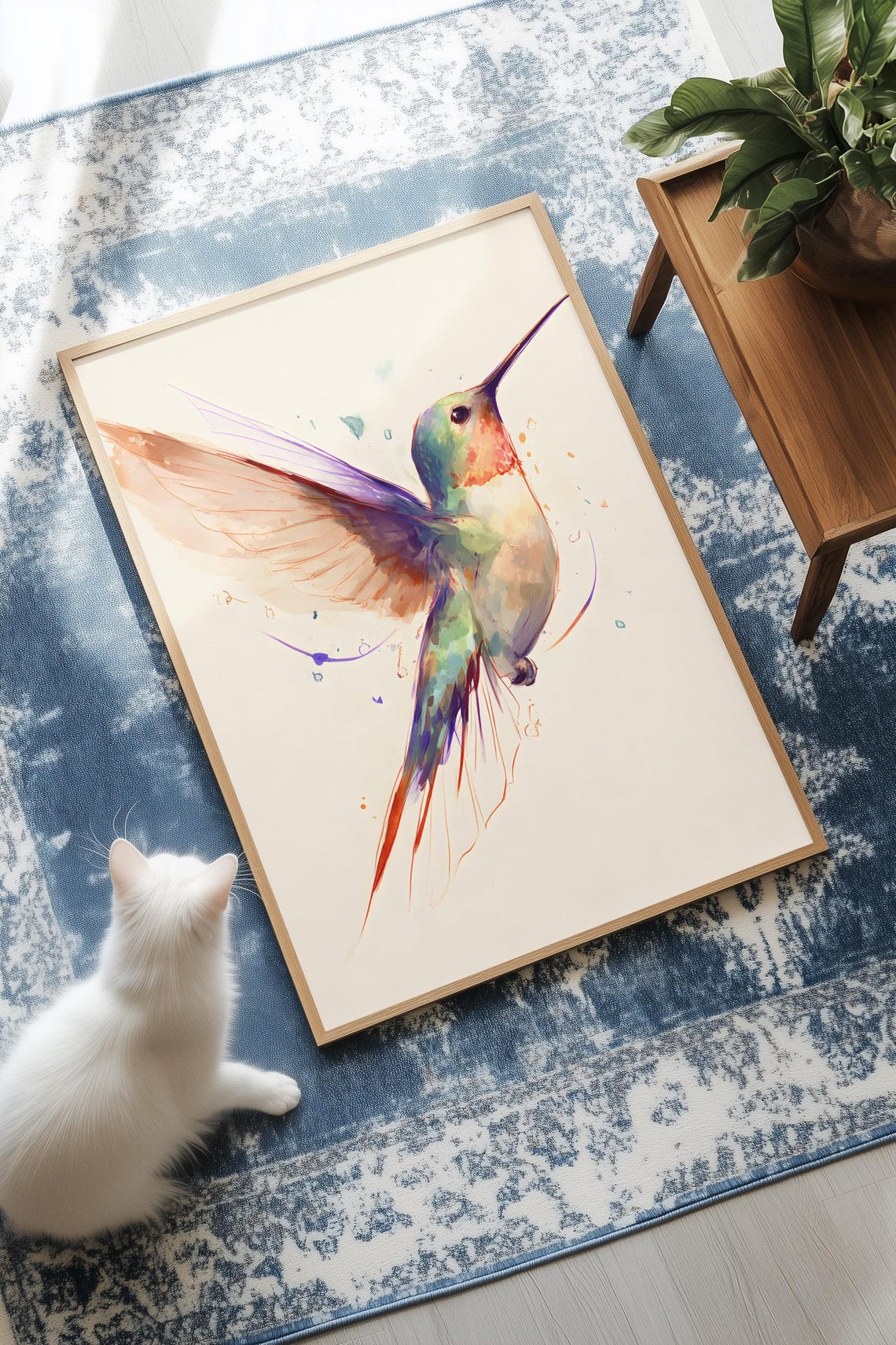 Colorful Hummingbird in Flight Botanical Watercolor Wall Art