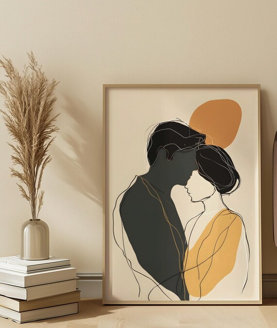 Minimal Portrait Of Faceless Man And Woman In Embrace Wall Art