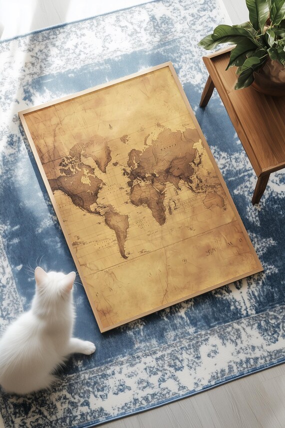 Vintage Sepia World Map Poster Antique Cartography Office Wall Decor