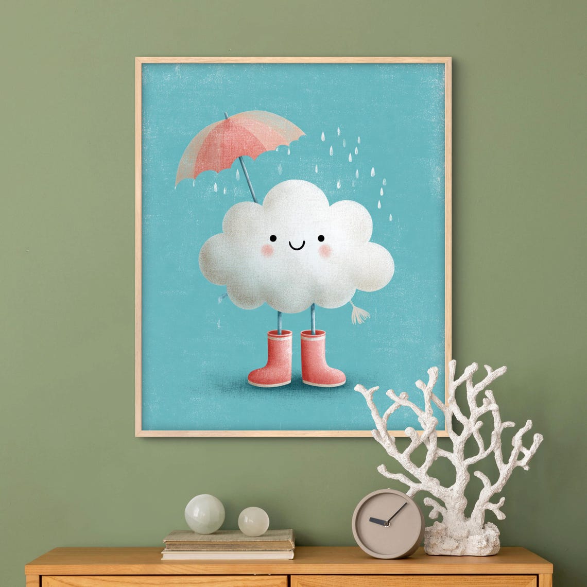 Cute Smiling Rain Cloud with Umbrella Nursery Kids Wall Poster